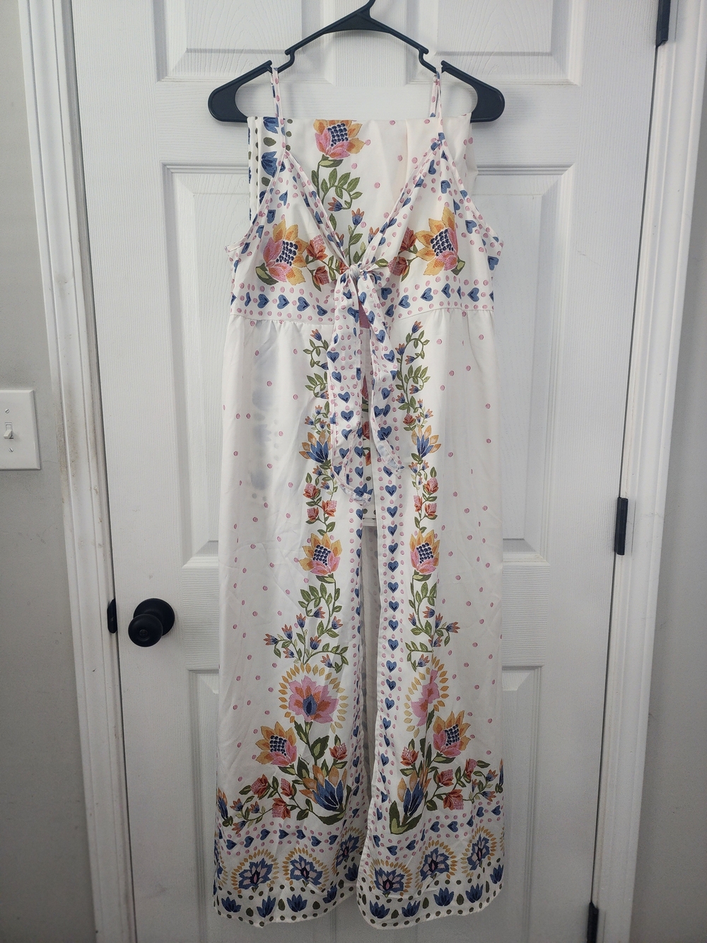 SHEIN 2 Piece White Floral Tie-Open Front Maxi Set with Multicolor Border